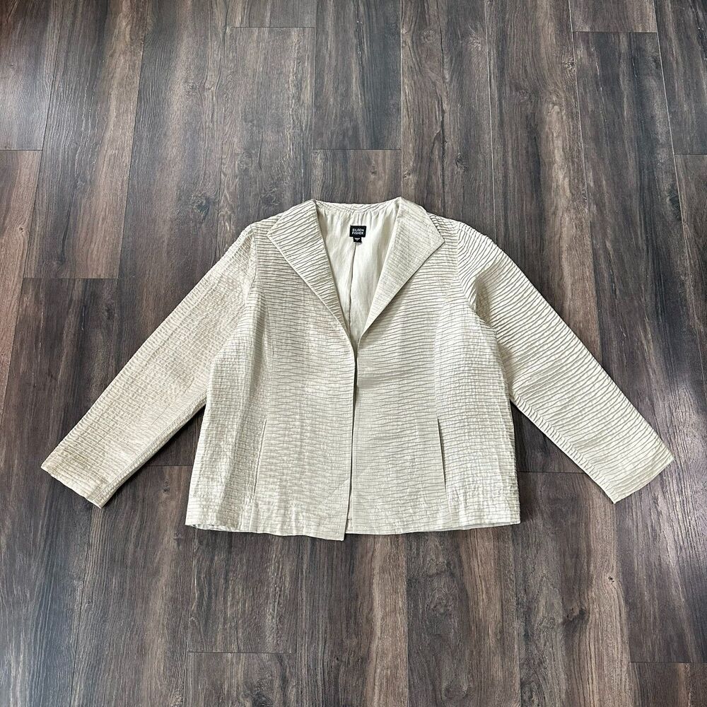 Eileen Fisher Textured Silk Open-Front Jacket Cream Horizontal Pleating Sz Large